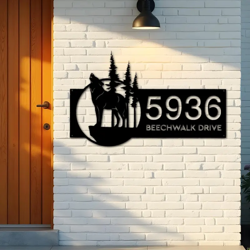 Custom Metal Wolf wild life mountain forest Metal Address Sign, House number, Outdoor Number Signage, Yard Sign Address Plate