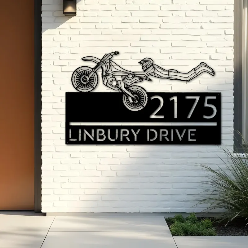 Custom Metal Motocross dirtbike biker Metal Address Sign, House number, Outdoor Number Signage, Yard Sign Address Plate