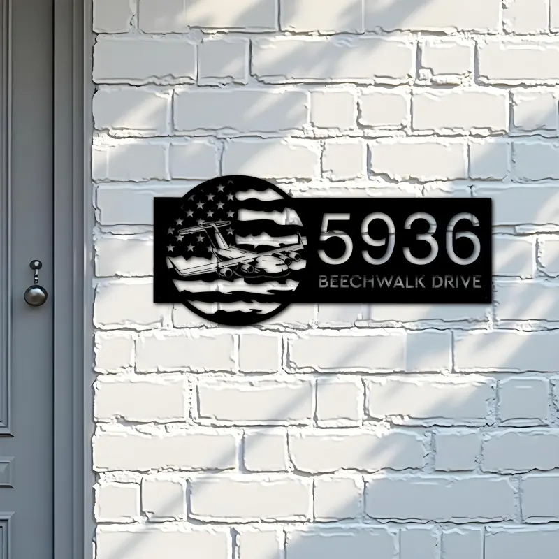 Custom Metal Cargo Plane transport airplane US flag Metal Address Sign House number Hanging Address Plaque Yard Sign Outdoor