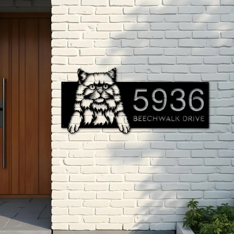 Custom Metal British longhair Cute peeking cat Metal Address Sign, House number, Outdoor Number Signage, Yard Sign Address Plate
