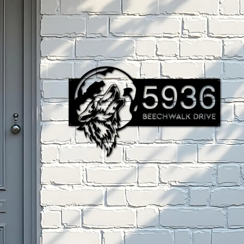 Custom Metal Wolf howling on full moon Metal Address Sign, House number, Outdoor Number Signage, Yard Sign Address Plate001