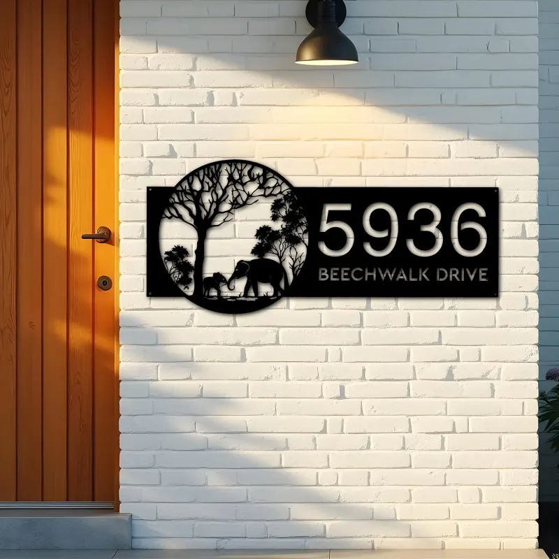 Custom Metal Elephants mother and child in forest Metal Address Sign, House number, Outdoor Number Signage, Yard Sign Address Plate
