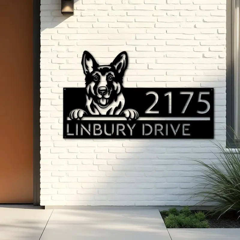 Custom Metal German Shepherd dog Puppy Metal Address Sign House number Hanging Address Plaque Yard Sign Outdoor decor