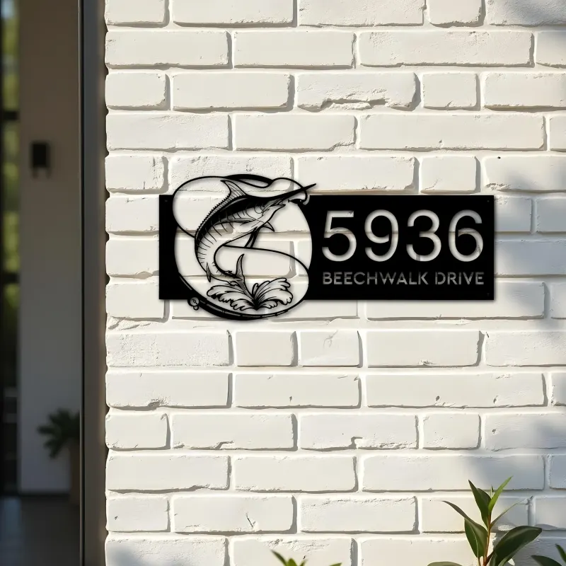 Custom Metal Marlin fishing rod bait hook Metal Address Sign, House number, Outdoor Number Signage, Yard Sign Address Plate