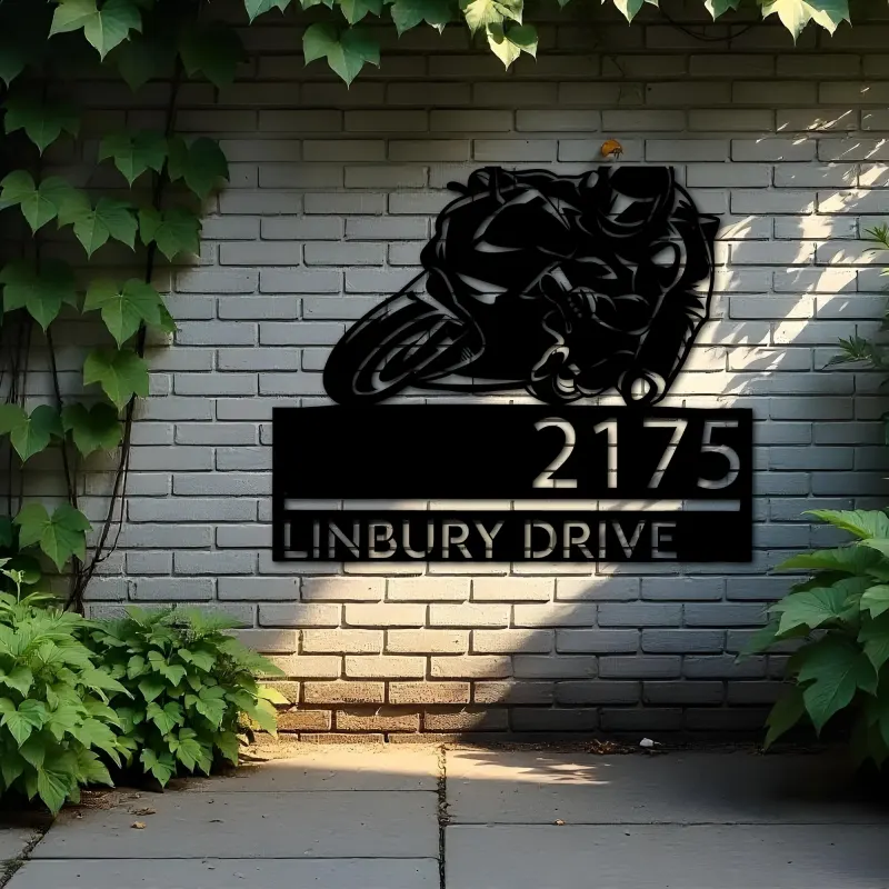Custom Metal Motobike rider biker Metal Address Sign, House number, Outdoor Number Signage, Yard Sign Address Plate