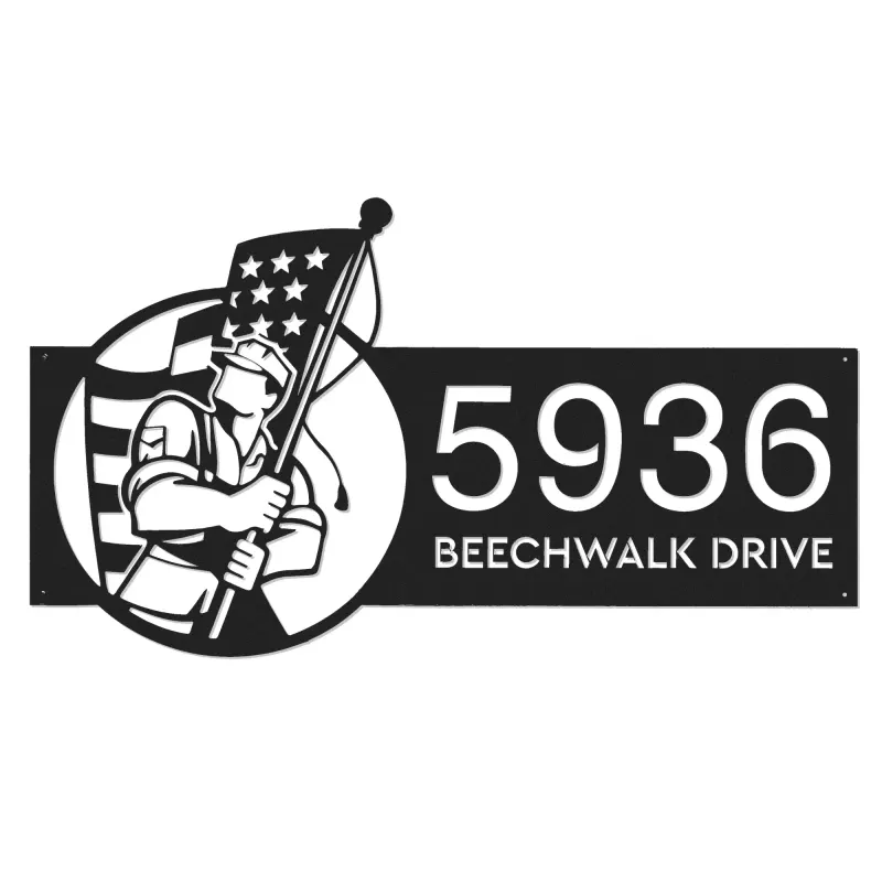 Custom Metal American soldier holding US flag Metal Address Sign, House number, Outdoor Number Signage, Yard Sign Address Plate