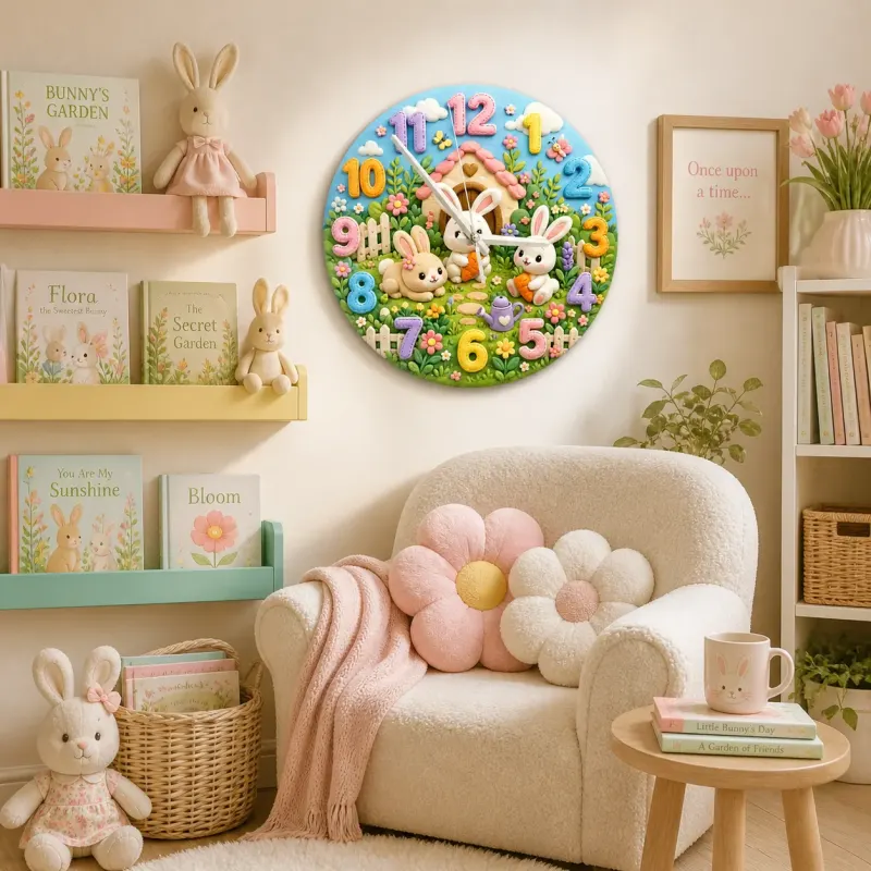 Pastel Bunny Garden Kids Room Wall Clock