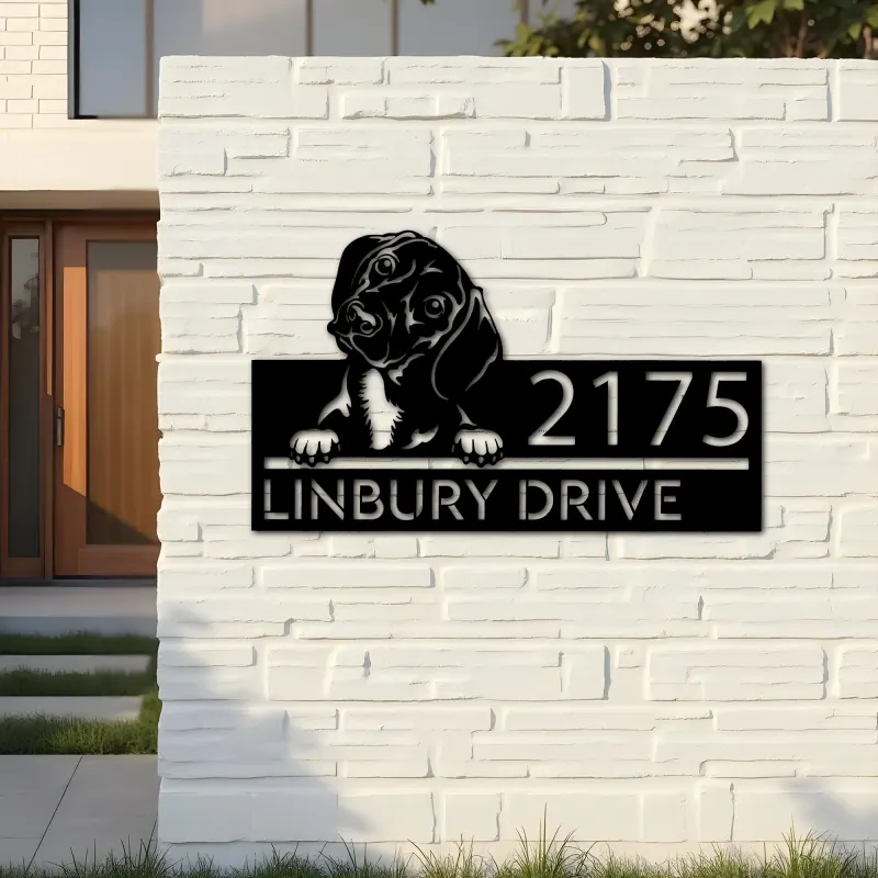 Custom Metal Dachshund dog Puppy Metal Address Sign House number Hanging Address Plaque Yard Sign Outdoor decor