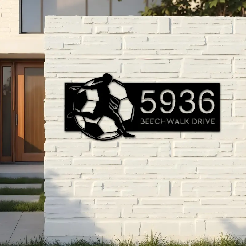 Custom Metal Soccer player football Metal Address Sign, House number, Outdoor Number Signage, Yard Sign Address Plate