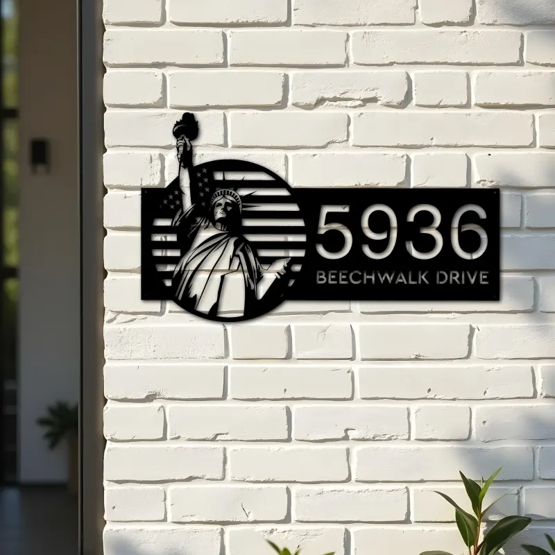 Custom Metal Statue of liberty US flag 4th July Metal Address Sign, House number, Outdoor Number Signage, Yard Sign Address Plate