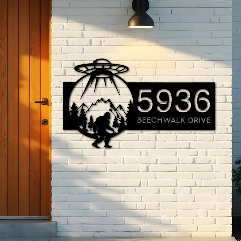 Custom Metal Alien UFO bigfoot sasquatch Metal Address Sign, House number, Outdoor Number Signage, Yard Sign Address Plate