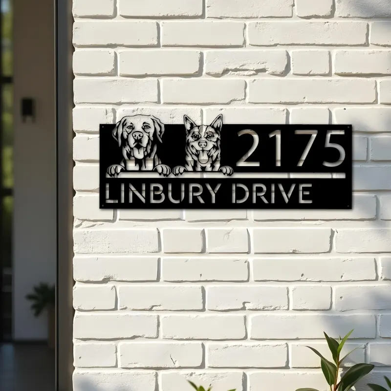 Custom Metal Red heeler and labrador dogs puppy Metal Address Sign House number Hanging Address Plaque Yard Sign Outdoor decor