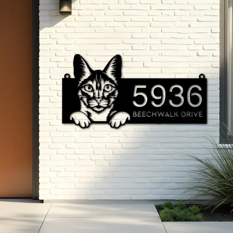 Custom Metal Savannah Cute peeking cat kitten Metal Address Sign, House number, Outdoor Number Signage, Yard Sign Address Plate