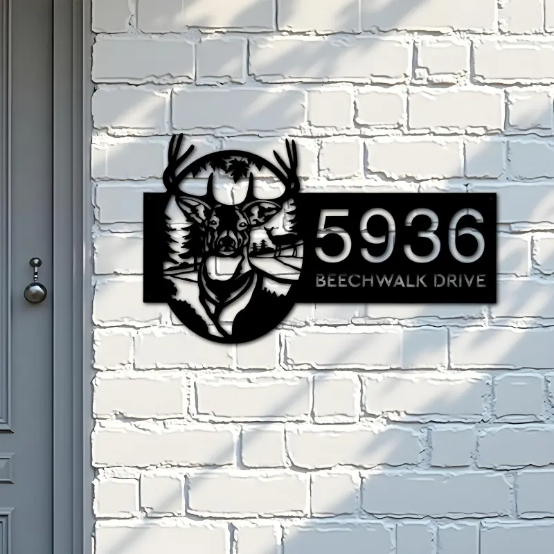 Custom Metal Deer forest wild life Metal Address Sign, House number, Outdoor Number Signage, Yard Sign Address Plate