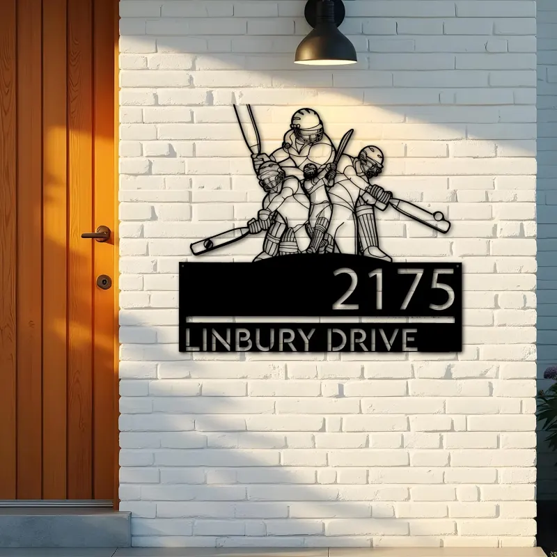 Custom Metal Cricket player sport Metal Address Sign, House number, Outdoor Number Signage, Yard Sign Address Plate