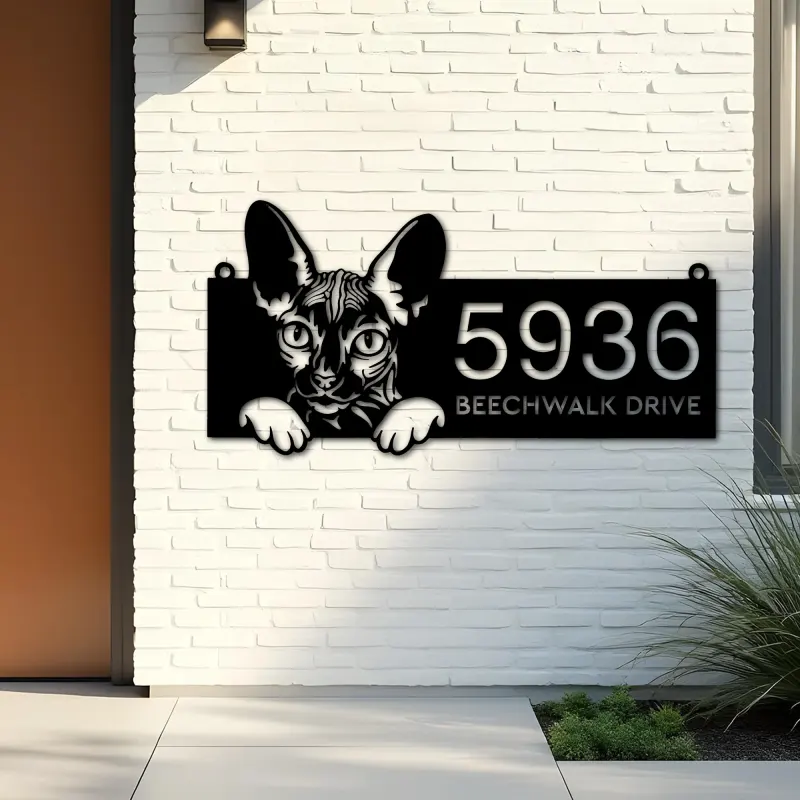 Custom Metal Sphynx Cute peeking cat kitten Metal Address Sign, House number, Outdoor Number Signage, Yard Sign Address Plate