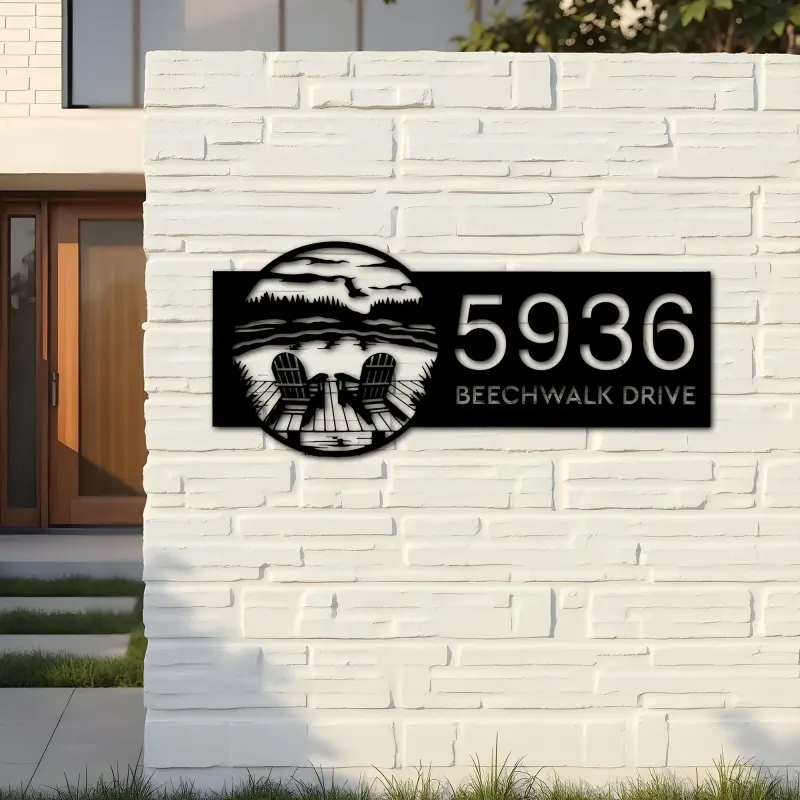 Custom Metal Forest with Chairs Dock on Lake Metal Address Sign Custom House number Hanging Address Plaque Yard Sign Outdoor
