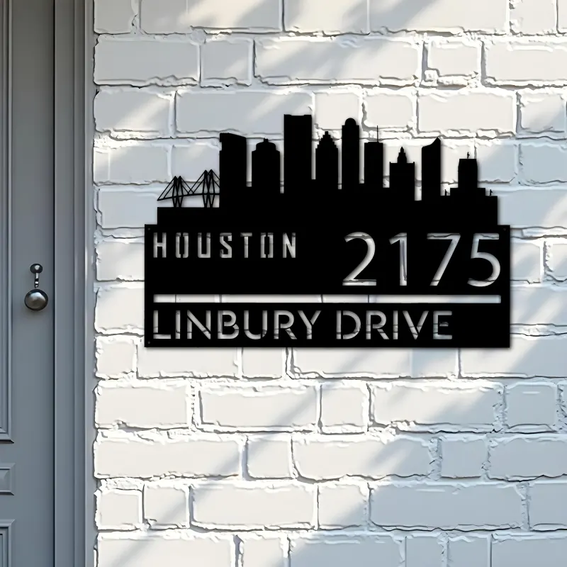 Custom Metal Houston city skyline Metal Address Sign Hanging Address Plaque house number Yard Outdoor Sign