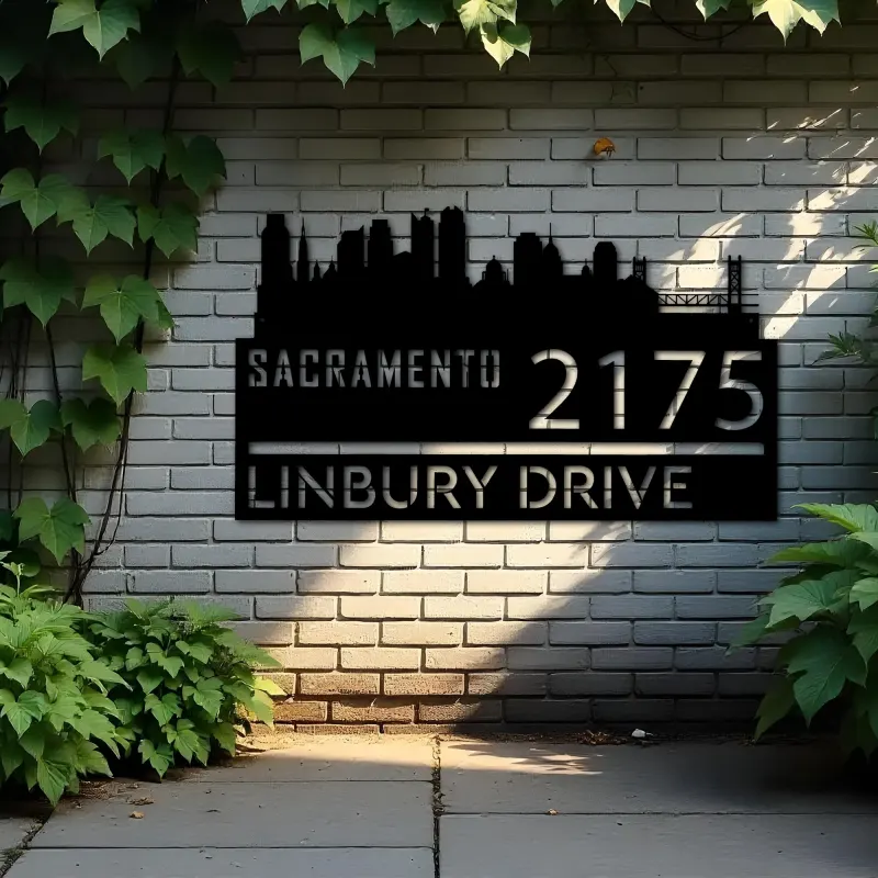 Custom Metal Sacramento city skyline Metal Address Sign Hanging Address Plaque house number Yard Outdoor Sign