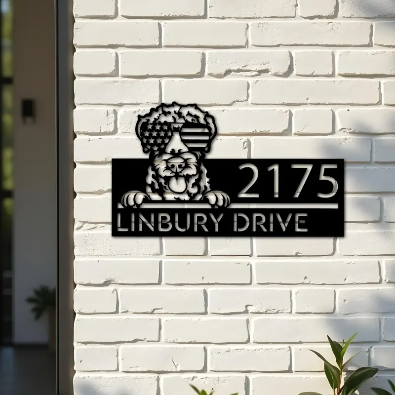 Custom Metal Airdale Terrier dog US flag glasses Metal Address Sign House number Hanging Address Plaque Yard Sign Outdoor decor