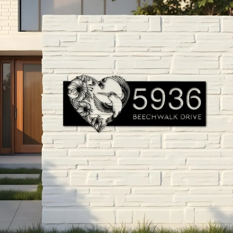 Custom Metal Hummingbird flowers heart shape Metal Address Sign, House number, Outdoor Number Signage, Yard Sign Address Plate