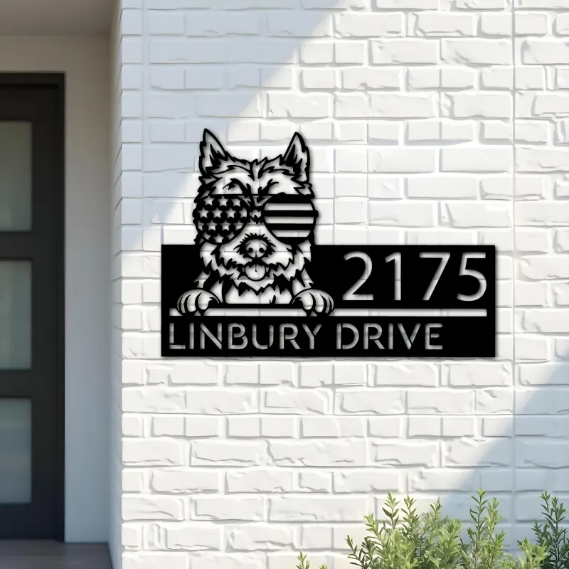 Custom Metal Cairn Terrier dog US flag glasses Metal Address Sign House number Hanging Address Plaque Yard Sign Outdoor decor