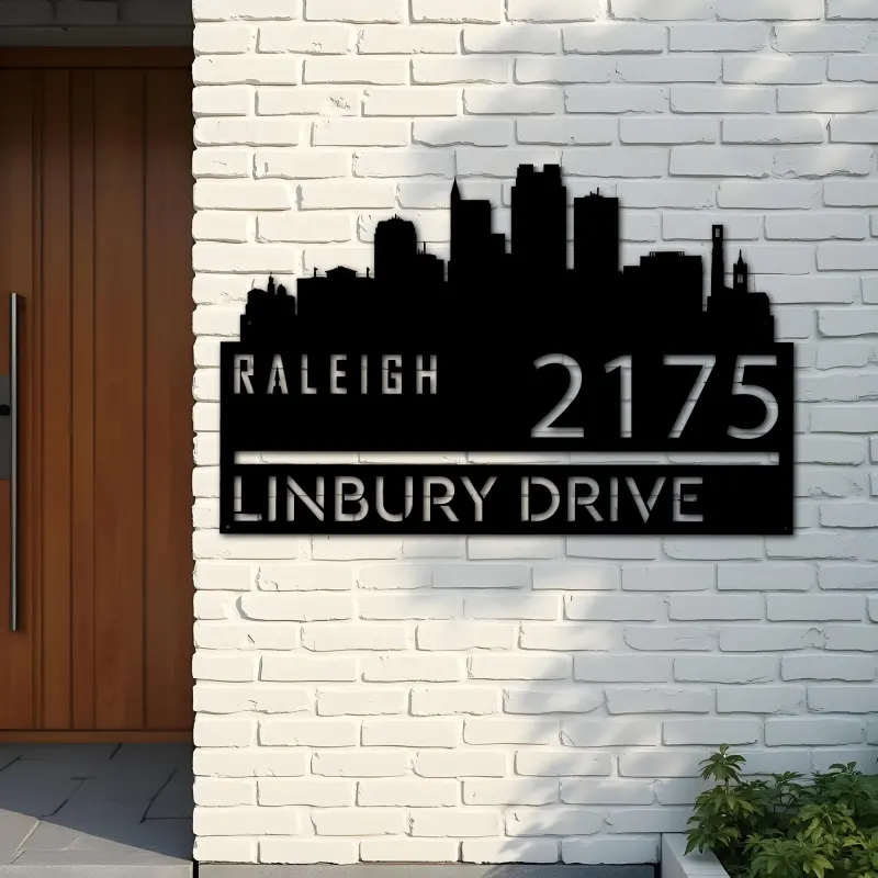Custom Metal Raleigh city skyline Metal Address Sign Hanging Address Plaque house number Yard Outdoor Sign