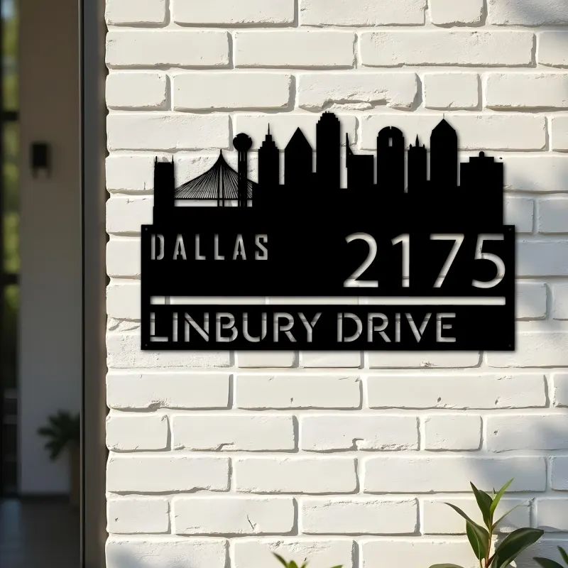 Custom Metal Dallas city skyline Metal Address Sign Hanging Address Plaque house number Yard Outdoor Sign