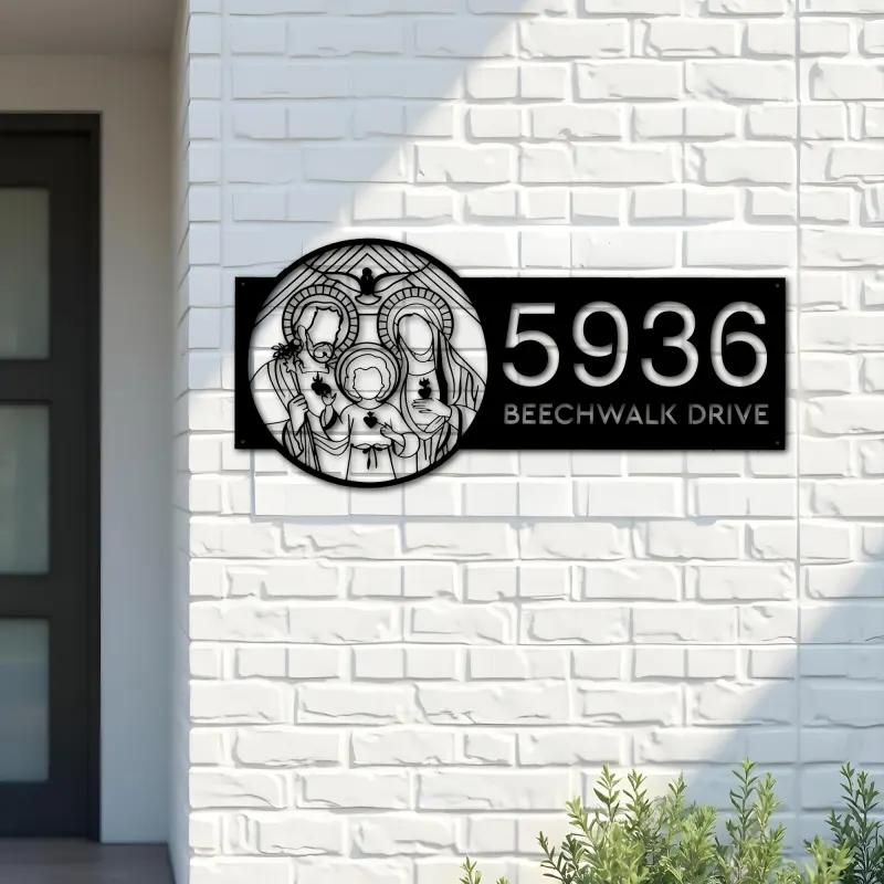 Custom Metal Holy Family Chritian Jesus Christ Metal Address Sign, House number, Outdoor Number Signage, Yard Sign Address Plate