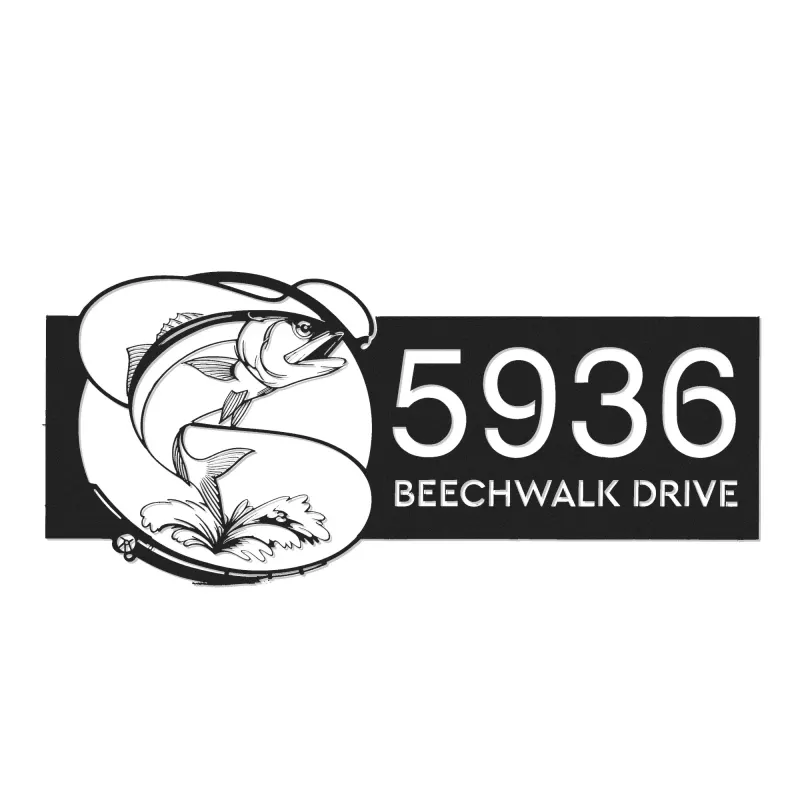 Custom Metal Bluefish fishing rod bait hook Metal Address Sign, House number, Outdoor Number Signage, Yard Sign Address Plate