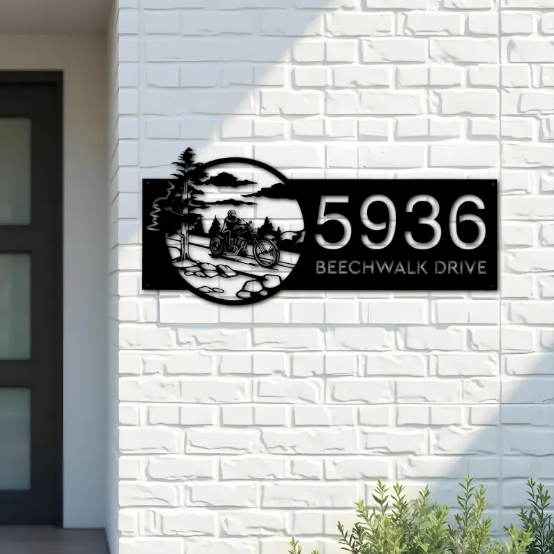 Custom Metal Motocycle Biker Bike rider Metal Address Sign, House number, Outdoor Number Signage, Yard Sign Address Plate