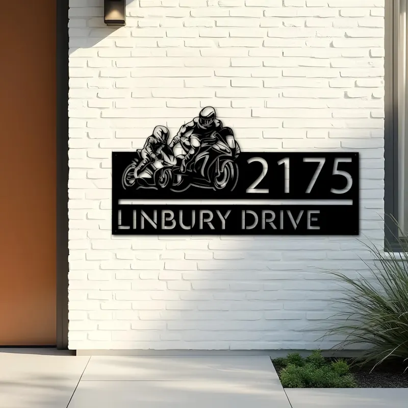 Custom Metal Father and son biker Metal Address Sign, House number, Outdoor Number Signage, Yard Sign Address Plate