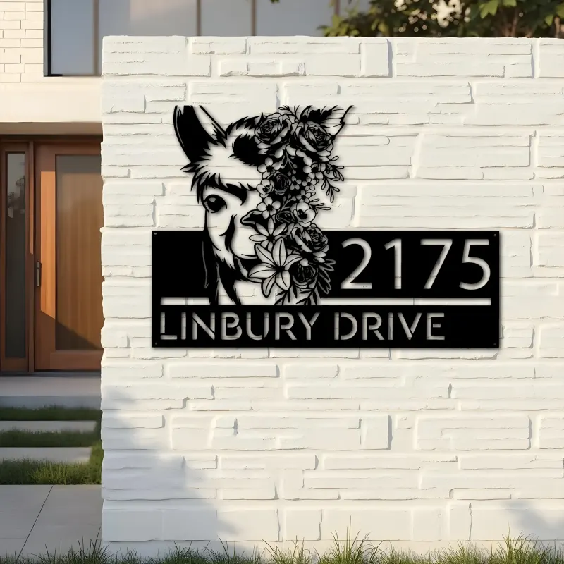 Custom Metal Floral Llama animal Metal Address Sign, House number, Outdoor Number Signage, Yard Sign Address Plate
