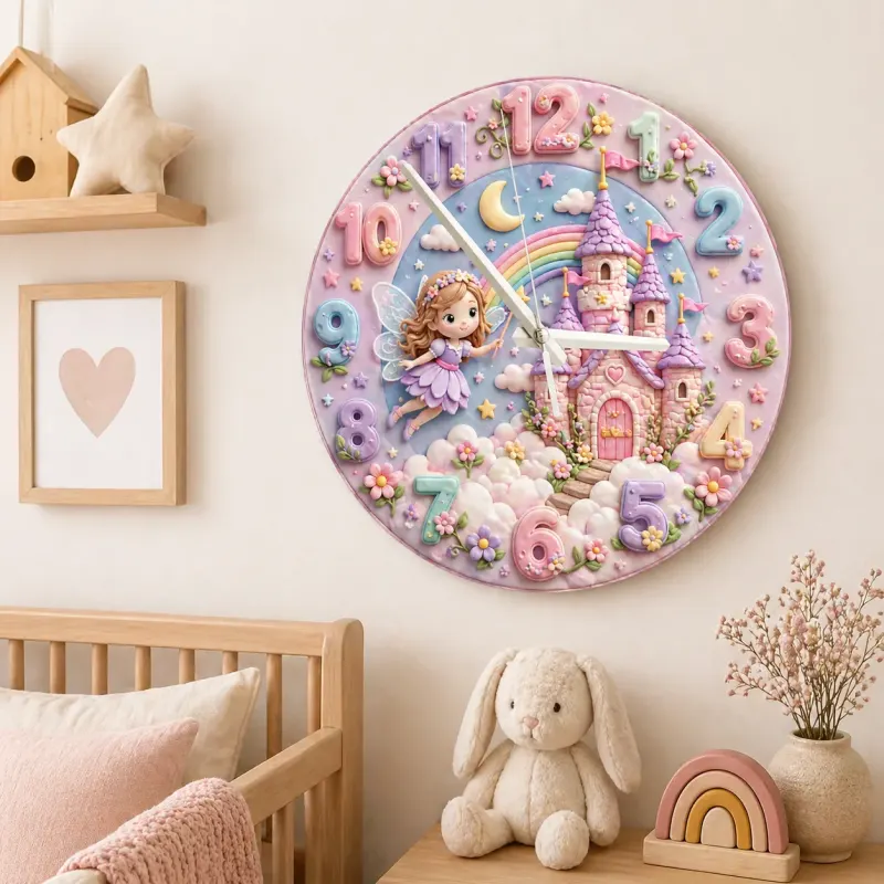 Fairy Castle and Rainbow Kids Room Wall Clock