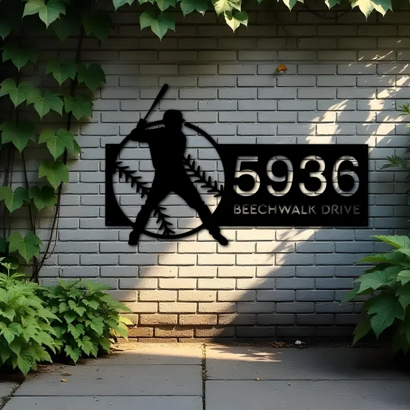 Custom Metal Baseball player Sport Metal Address Sign, House number, Outdoor Number Signage, Yard Sign Address Plate002