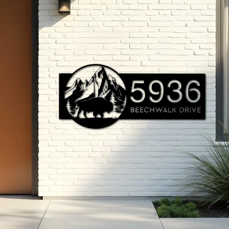 Custom Metal Bison buffalo on mountain Metal Address Sign, House number, Outdoor Number Signage, Yard Sign Address Plate