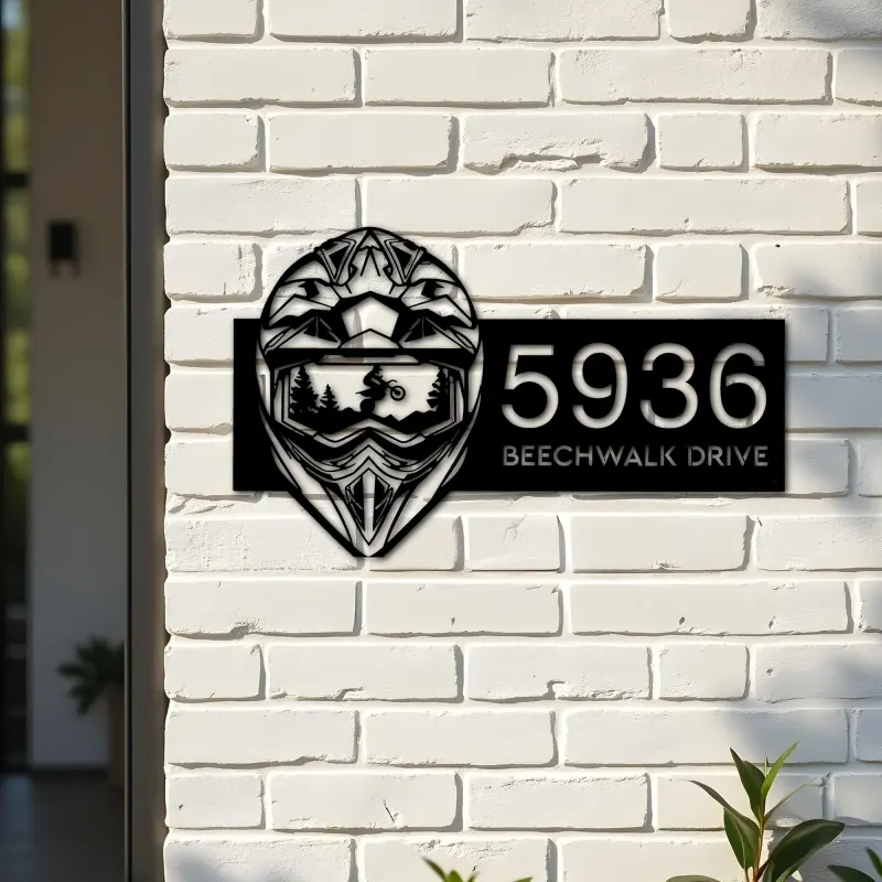Custom Metal Helmet motocross biker Metal Address Sign, House number, Outdoor Number Signage, Yard Sign Address Plate