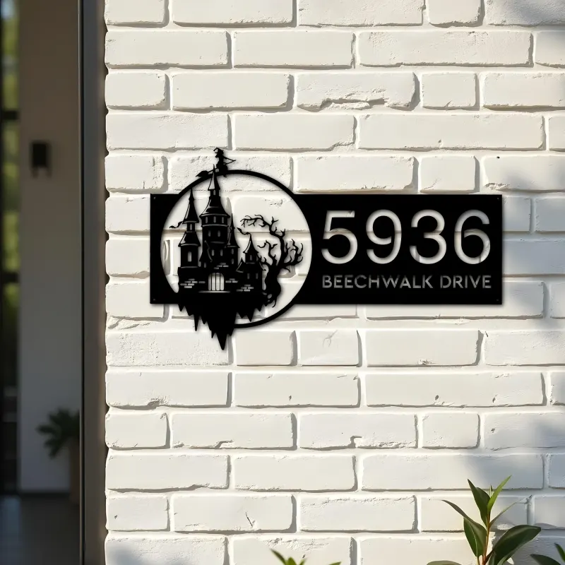 Custom Metal Haunted Castle Flying Witch Halloween Metal Address Sign House number Hanging Address Plaque Yard Sign Outdoor