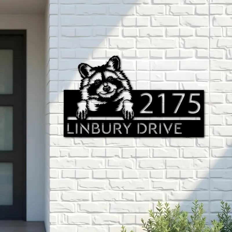 Custom Metal Peeking Raccoon Wild animal wildlife Metal Address Sign, House number, Outdoor Number Signage, Yard Sign Address Plate