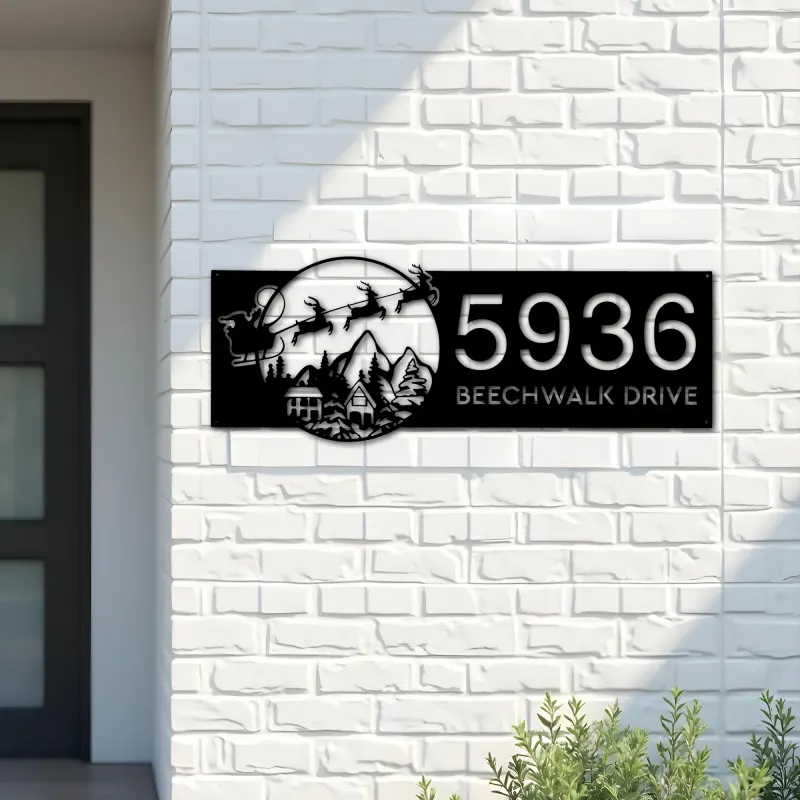 Custom Metal Christmas Santa Claus on sleigh reindeer Metal Address Sign, House number, Outdoor Number Signage, Yard Sign Address Plate