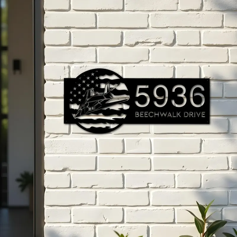 Custom Metal Stealth Fighter Jet airplane US flag Metal Address Sign House number Hanging Address Plaque Yard Sign Outdoor