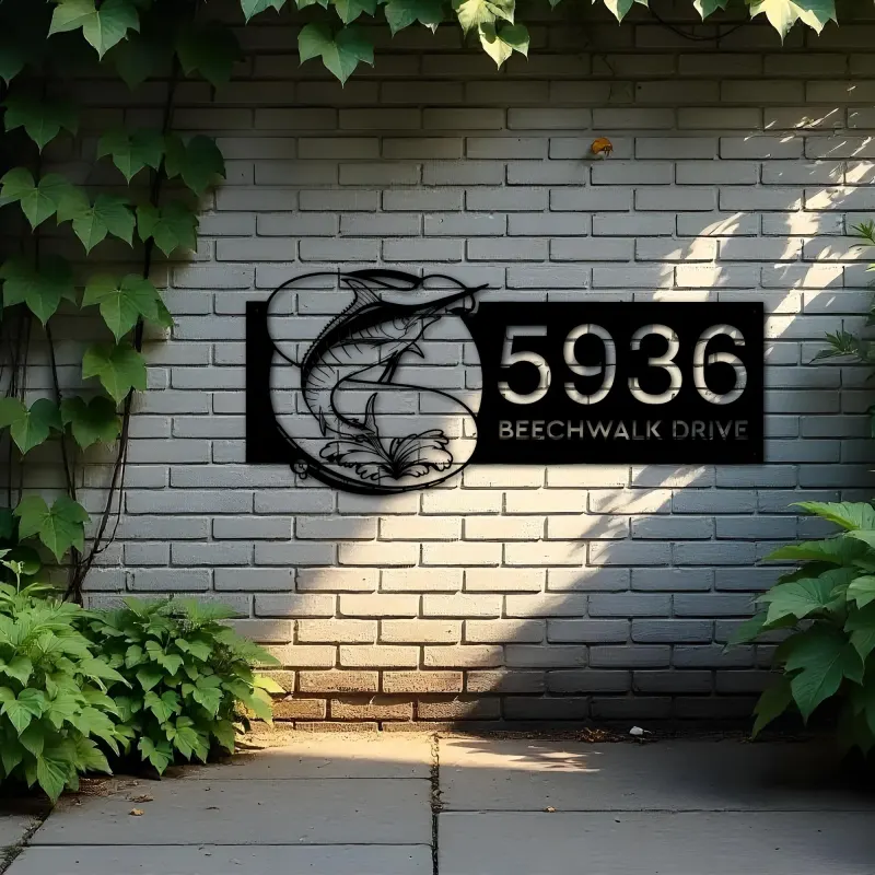 Custom Metal Marlin fishing rod bait hook Metal Address Sign, House number, Outdoor Number Signage, Yard Sign Address Plate
