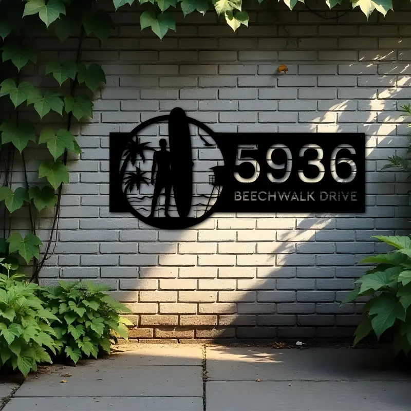 Custom Metal Longboard male Surfer Metal Address Sign, House number, Outdoor Number Signage, Yard Sign Address Plate