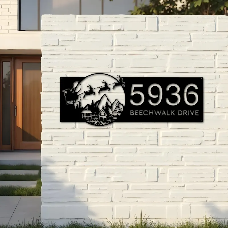 Custom Metal Christmas Santa Claus on sleigh reindeer Metal Address Sign, House number, Outdoor Number Signage, Yard Sign Address Plate