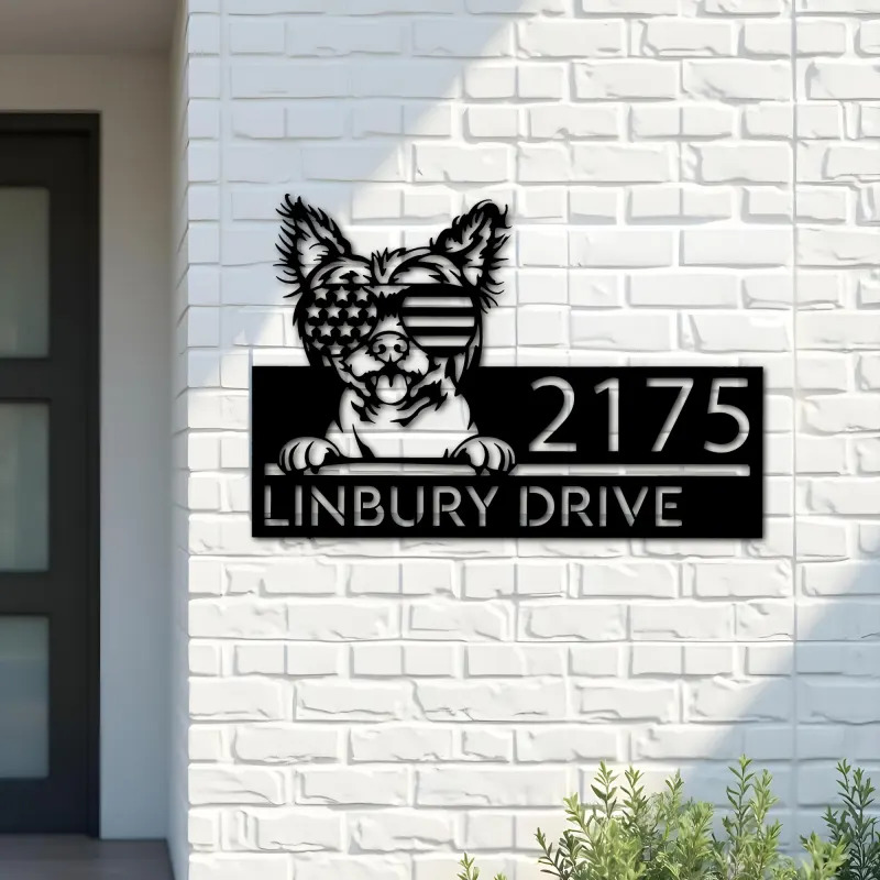 Custom Metal Chinese Crested dog US glasses Metal Address Sign House number Hanging Address Plaque Yard Sign Outdoor decor