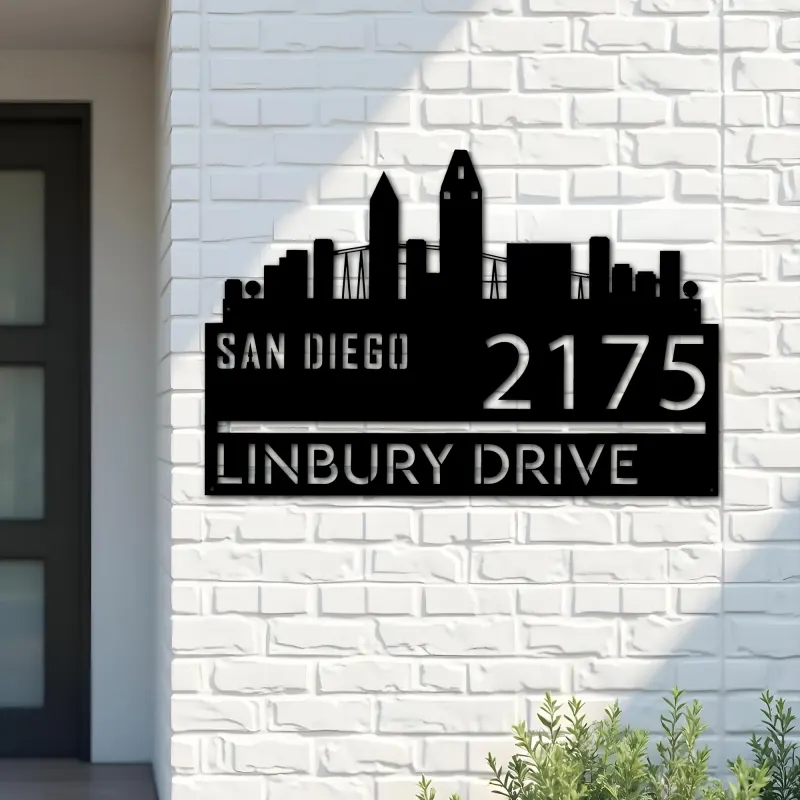 Custom Metal San Diego city skyline Metal Address Sign Hanging Address Plaque house number Yard Outdoor Sign