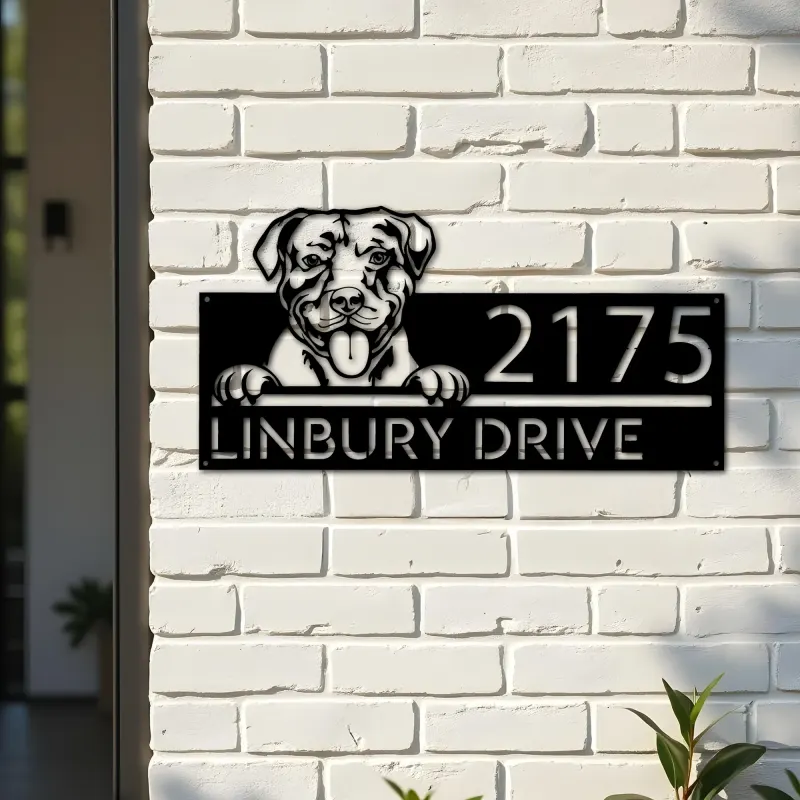 Custom Metal American Pitbull dog cute puppy Metal Address Sign House number Hanging Address Plaque Yard Sign Outdoor decor