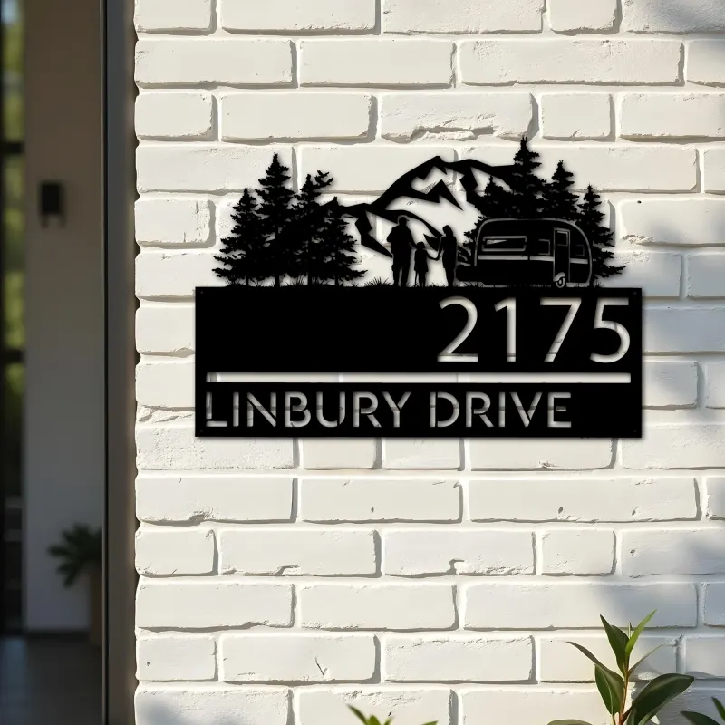 Custom Metal Camping trailer mountain pine tree Metal Address Sign, House number, Outdoor Number Signage, Yard Sign Address Plate