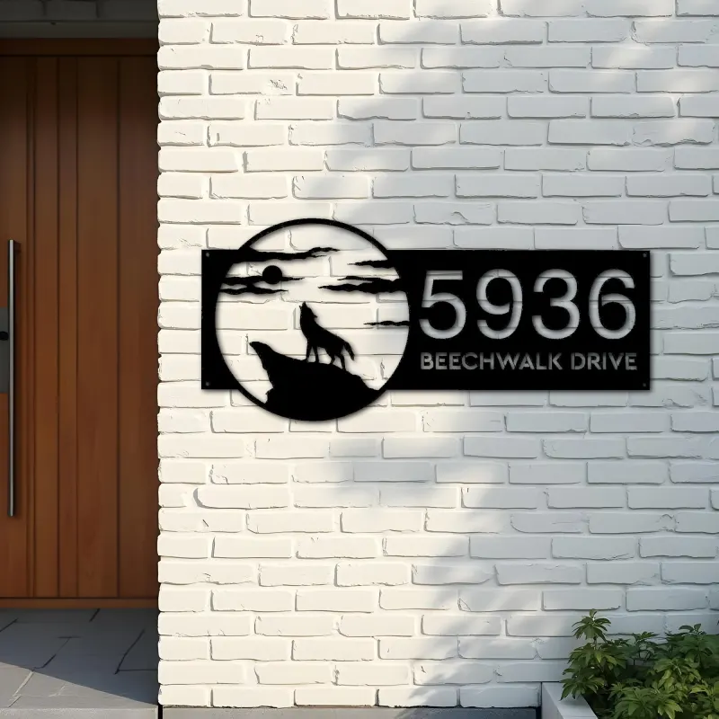 Custom Metal Wolf howling full moon wild animal Metal Address Sign, House number, Outdoor Number Signage, Yard Sign Address Plate