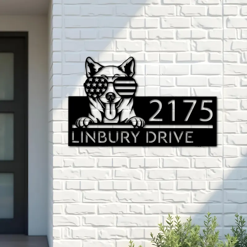 Custom Metal Shiba Inu dog US flag glasses Metal Address Sign House number Hanging Address Plaque Yard Sign Outdoor decor
